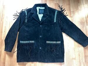 Vintage Black Fringe Jacket Western Black Suede Detailed Coat VTG Excelled 2XL